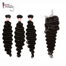 Deep Wave Human Hair Bundles With Closure Ever Beauty Brazilian Hair Weave 3 Bundles With 4*4 Silk Base Closure Remy Hair