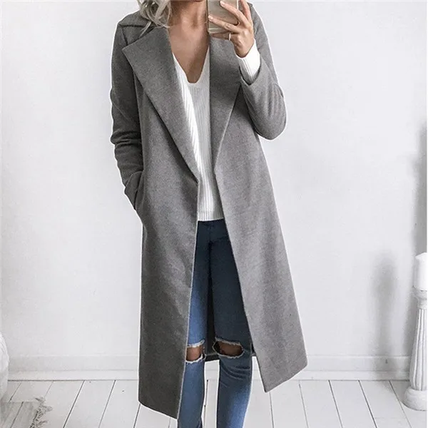 Женское зимнее шерстяное пальто, теплое пальто с отворотом, большой размер, длинный тонкий Тренч, верхняя одежда, шерстяное пальто, одноцветные открытые топы, женские 3XL - Цвет: Серый