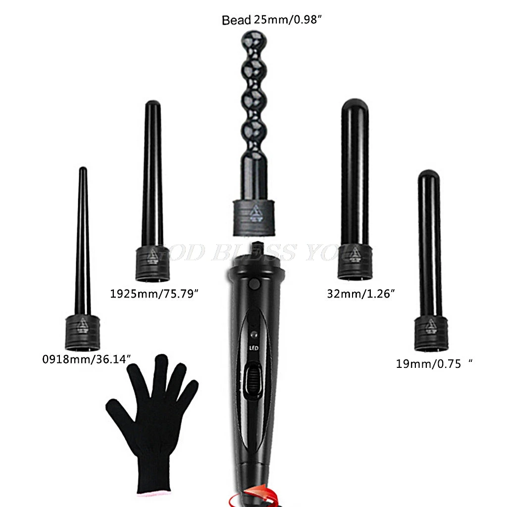 

Tourmaline Ceramic Heating Barrel Curling Wand Tongs 5 Interchangeable Irons Heads LED 300F/410F Temperature Control