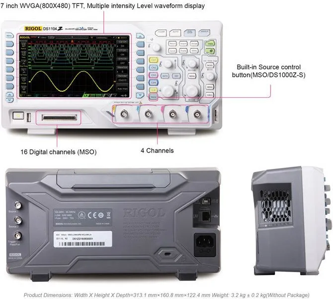 Бренд RIGOL DS1104Z-S плюс Настольный цифровой осциллограф 4 канала 100 МГц+ 25 МГц, 2 канала источника сигнала