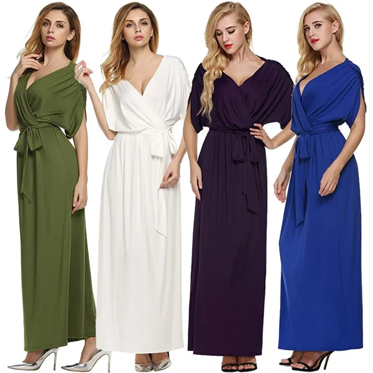 

2019 I2U Fashion Women wrap Dress Plus Size Oversized Maxi Sexy v Neck Draped Belted Batwing Sleeves Short Sleeves Dress