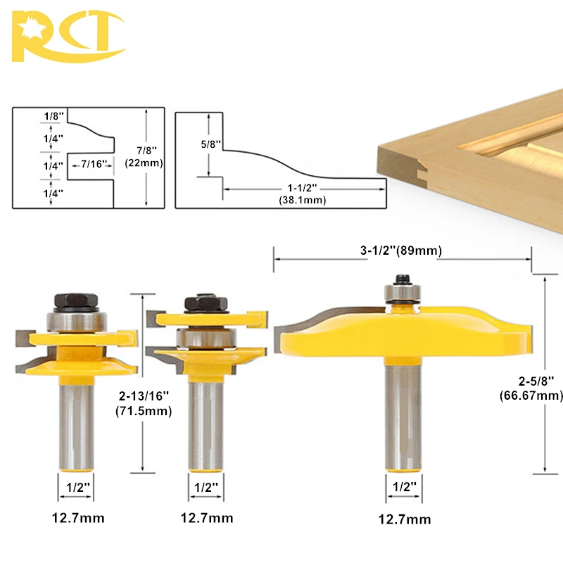 RCT 3 шт. 1/" хвостовик рельсы и Stile фрезы панели двери шкафа маршрутизатор Набор бит для древесины Карбид Резак Деревообрабатывающие инструменты