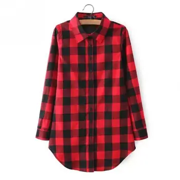 2016 Fashion Red plaid print long blouse feminine shirt Winter casual blusas plus size women tops Autumn outwear Chemise Tops
