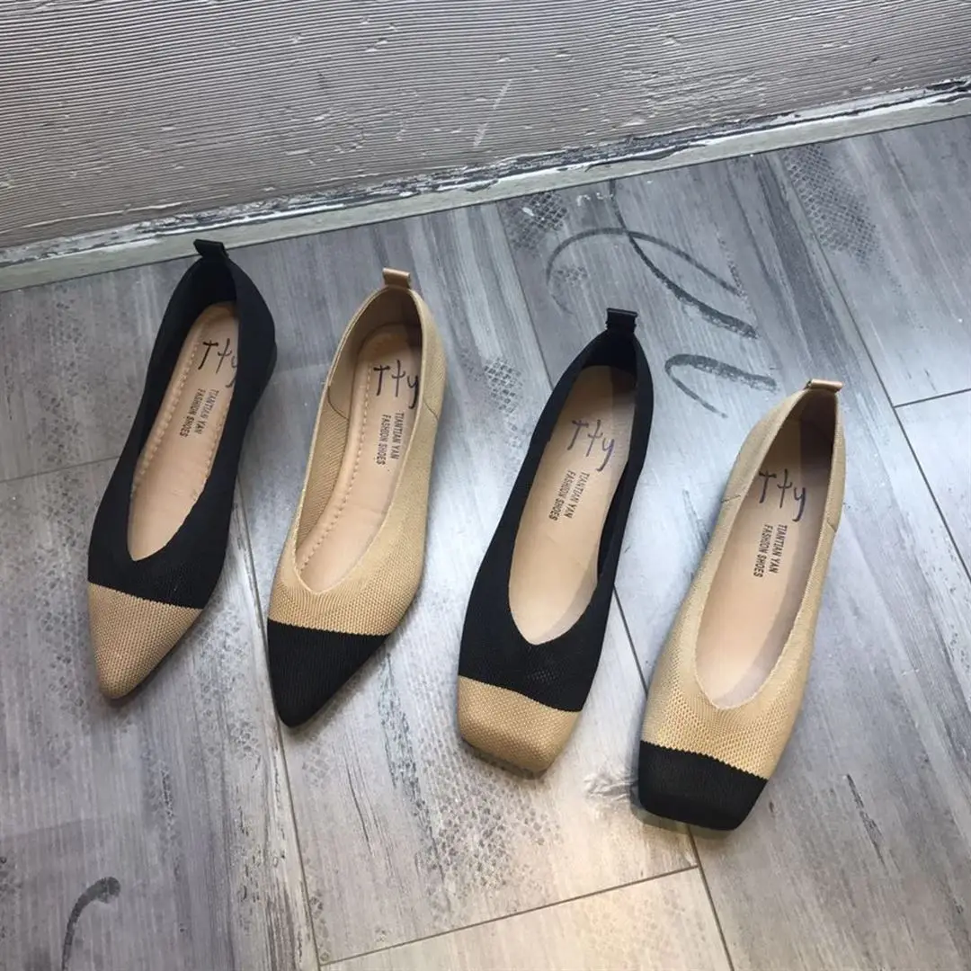 

New Ladies shoes breathable knitted V square/pointed toe moccasins thick heels mixed color flat loafers stretch shoes women 2019