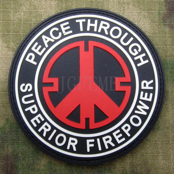 Black PEACE THROUGH SUPERIOR FIRE POWER Military Tactical Morale 3D PVC