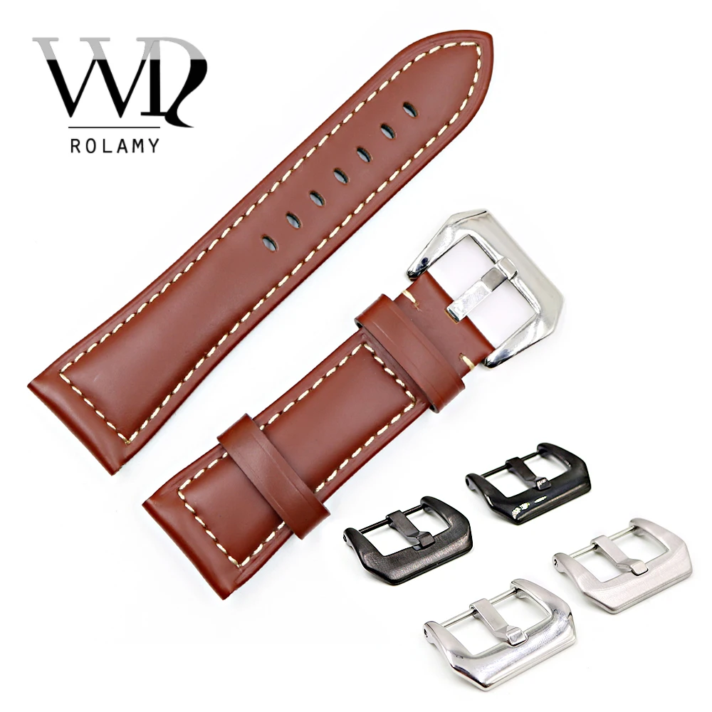 

Rolamy 22 24 26mm Brown Smooth Real Leather Handmade Thick Replacement Wrist Watch Band Strap Belt With Pre-V Screw Buckle