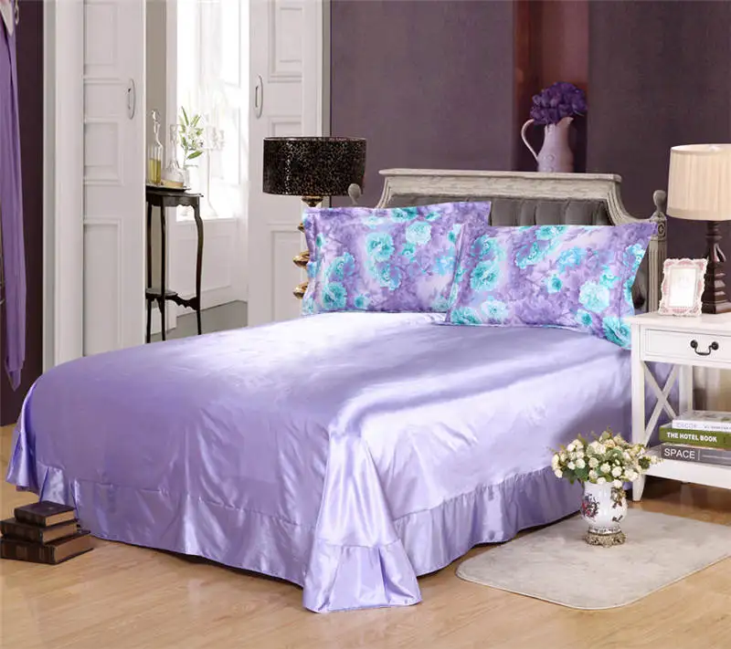 Satén de seda conjunto de sábanas edredón cubre colcha doble reina completa king size dormitorio decoración púrpura azul flor estilo chino - 3