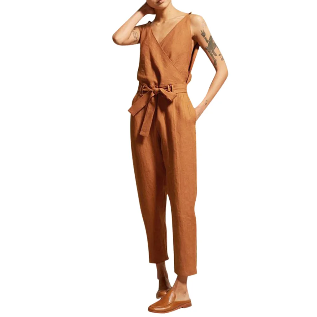 

2019 MAXIORILLсиамские брюки casual cotton and linen solid color V-neck long jumpsuit free shipping wholesale made in China y3