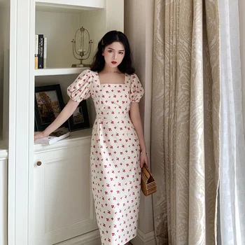 

Women Summer Dress Vintage Long Dress Puff Sleeve Sexy Slim Tunic Split Elegant Casual Maxi Long Floral Beach Sundress Vestidos