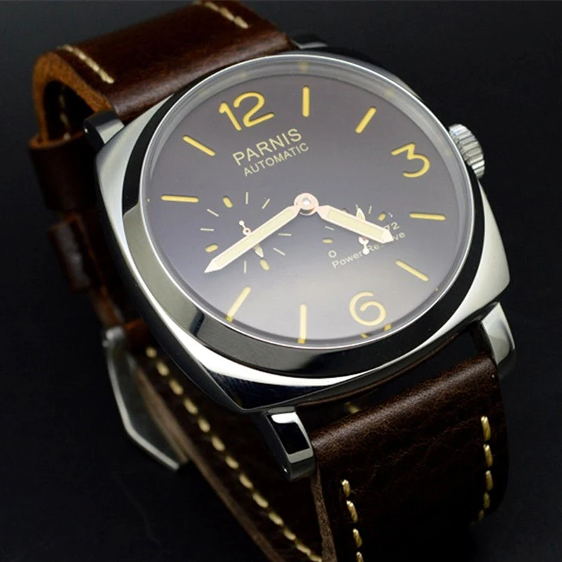 Parnis 47 мм Военная нержавеющая сталь белый чехол с черным циферблатом кожаный ремешок автоматические мужские наручные часы Pa-a2