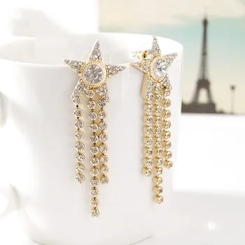 

808 SEORE Fashion Fine Jewellery Five-pointed Star Shape Design Crystal Tassel Long Earrings Charm Women Birthday Party Gifts
