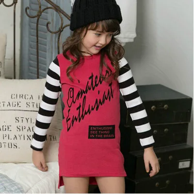 

2016 Autumn Winter Children Long Sleeved Striped Party Dress Baby Girls Cotton Princess Dresses Kids Girl Clothes Red/Black