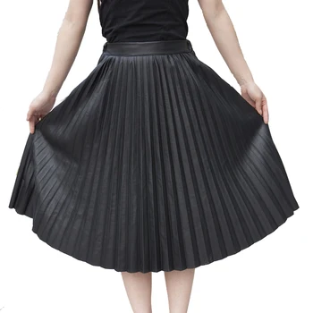 

2017 new fashion PU leather pleated skirt gold mental color black muti-fold A-ling skirt good quality real photo in stoc