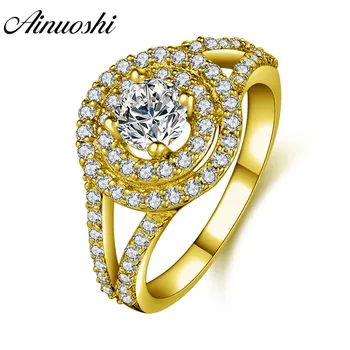

AINUOSHI Trendy Double Halo Round Ring 14K Solid White/Yellow Gold Pave Setting Band Sona Diamond Women Wedding Engagement Ring