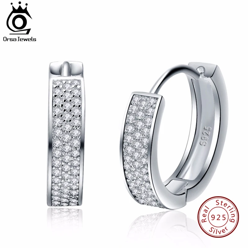 ORSA JEWELS, настоящее 925 пробы, серебряные женские серьги-кольца, маленький круг, AAA, блестящий CZ, женские свадебные ювелирные изделия для помолвки, SE60