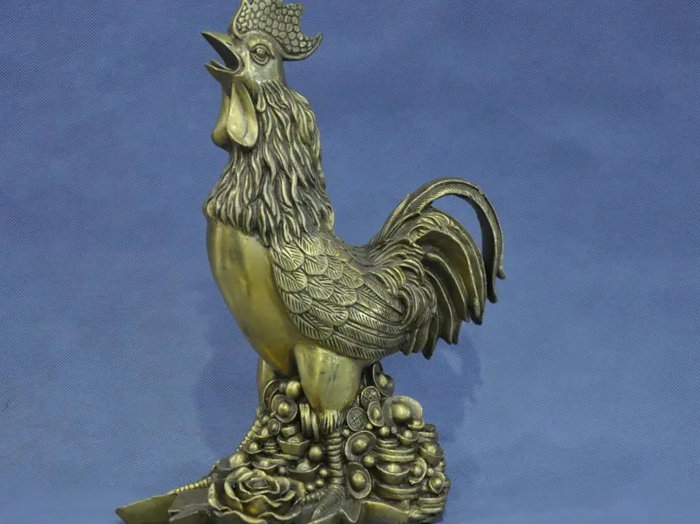 

12'' China Fengshui Zodiac Bronze Rooster Yuanbao Ingot Statue Blessing Wealth