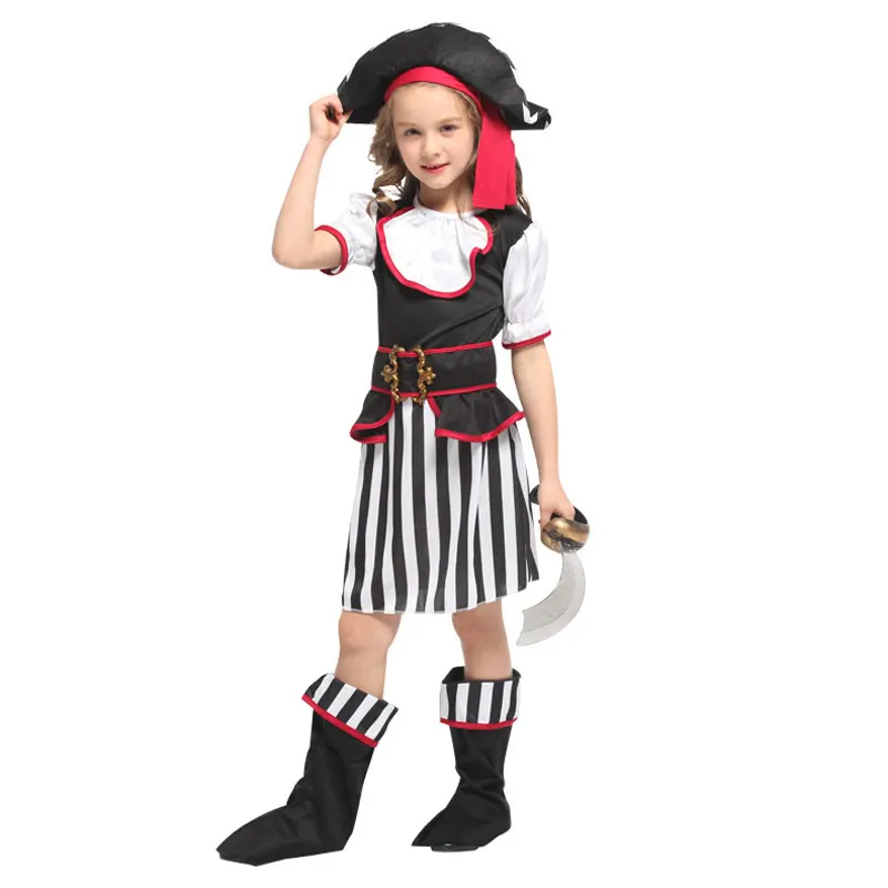 

Child Kids Black White Stripe Elegant Pirate Buccaneer Costume for Girls Halloween Purim Carnival Mardi Gras Party Fancy Dress