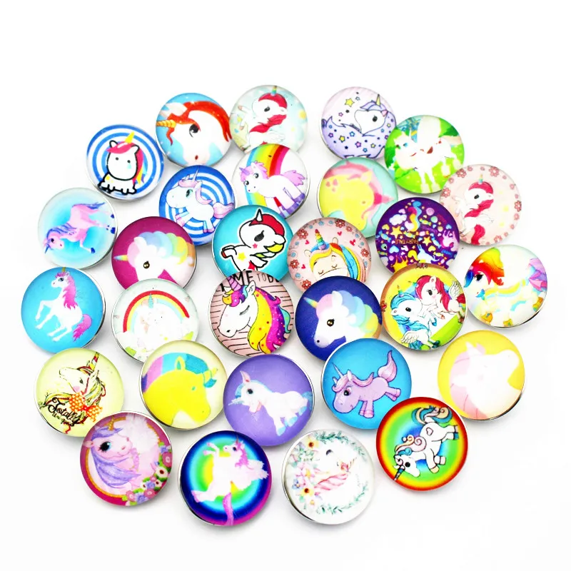 

New desingn 50pcs/lot unicorn animal Snap Button Print Glass Snap Charms Fit 18mm DIY Ginger Snap Bracelet Jewelry