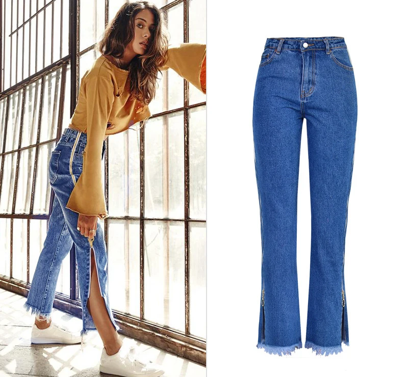 Europe and the United States women's high waist loose straight jeans nine pants bilateral zipper adjustment tassel tassels up to people section (2)