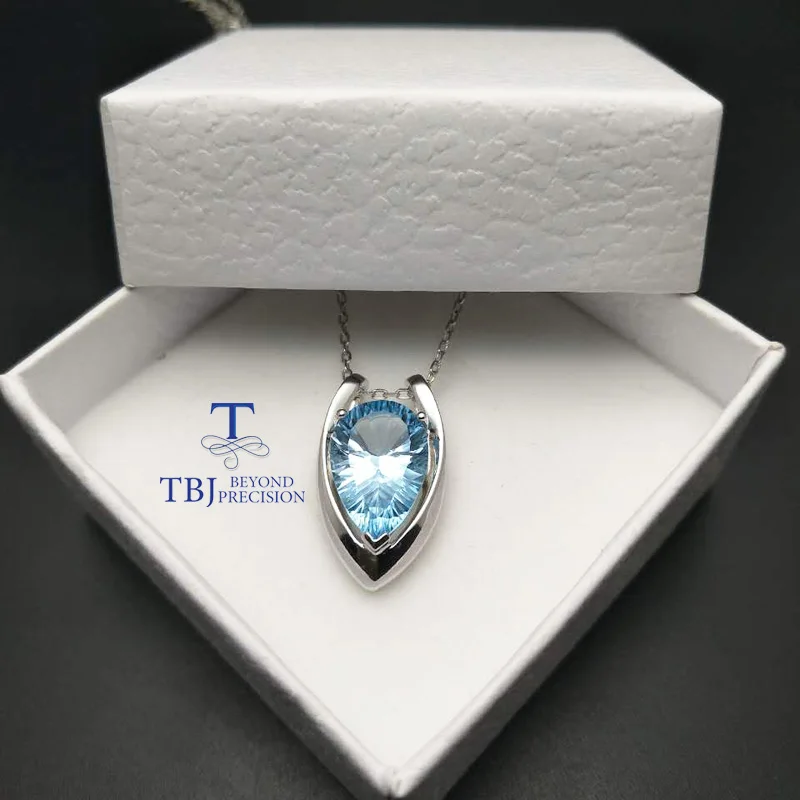 925 Sterling Silver V shape Pendant with nautral SKY BLUE topaz concave cut Gift box