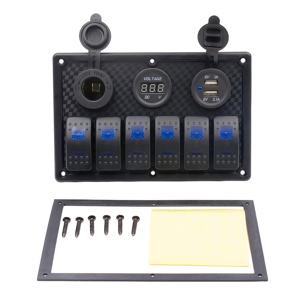 

Digital Voltmeter 12V Cigarette Socket Double USB Power Charger Adapter Flush Mount Waterproof 6 Gang Rocker Switch Panel Black