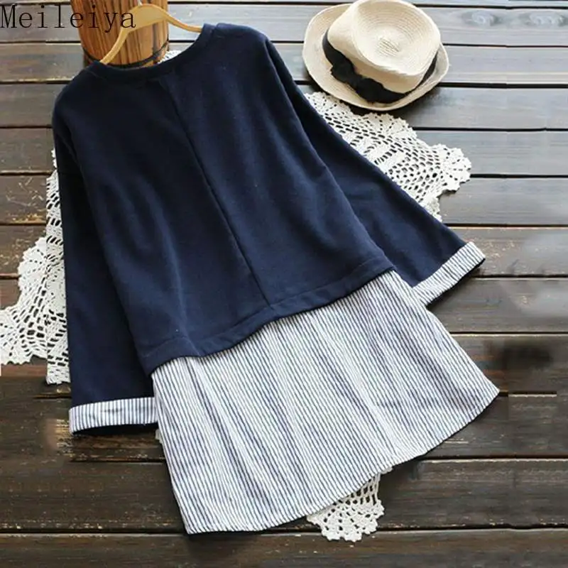 

Women Striped Patchwork Pullover Autumn O Neck Long Sleeve Loose Blusas Casual Blouse Femme Top Bow Tie Shirt Plus Size
