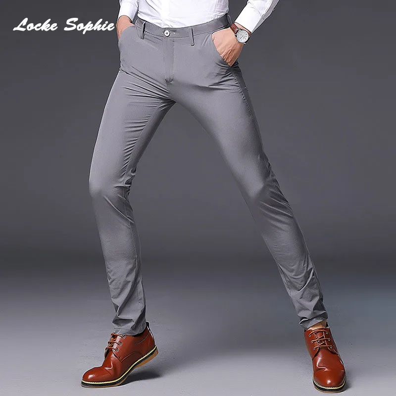 

Men's high waist Pencil pants trousers 2019 Autumn cotton blend elastic thin Slim fit suit pants men Skinny business trousers