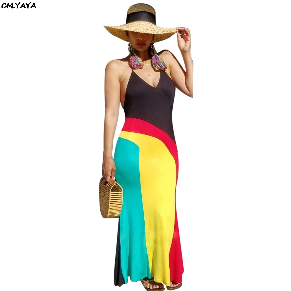

2019 new women summer spaghetti strap v-neck sleeveless splicing maxi dress mermaid beach party club long dresses vestidos AL034