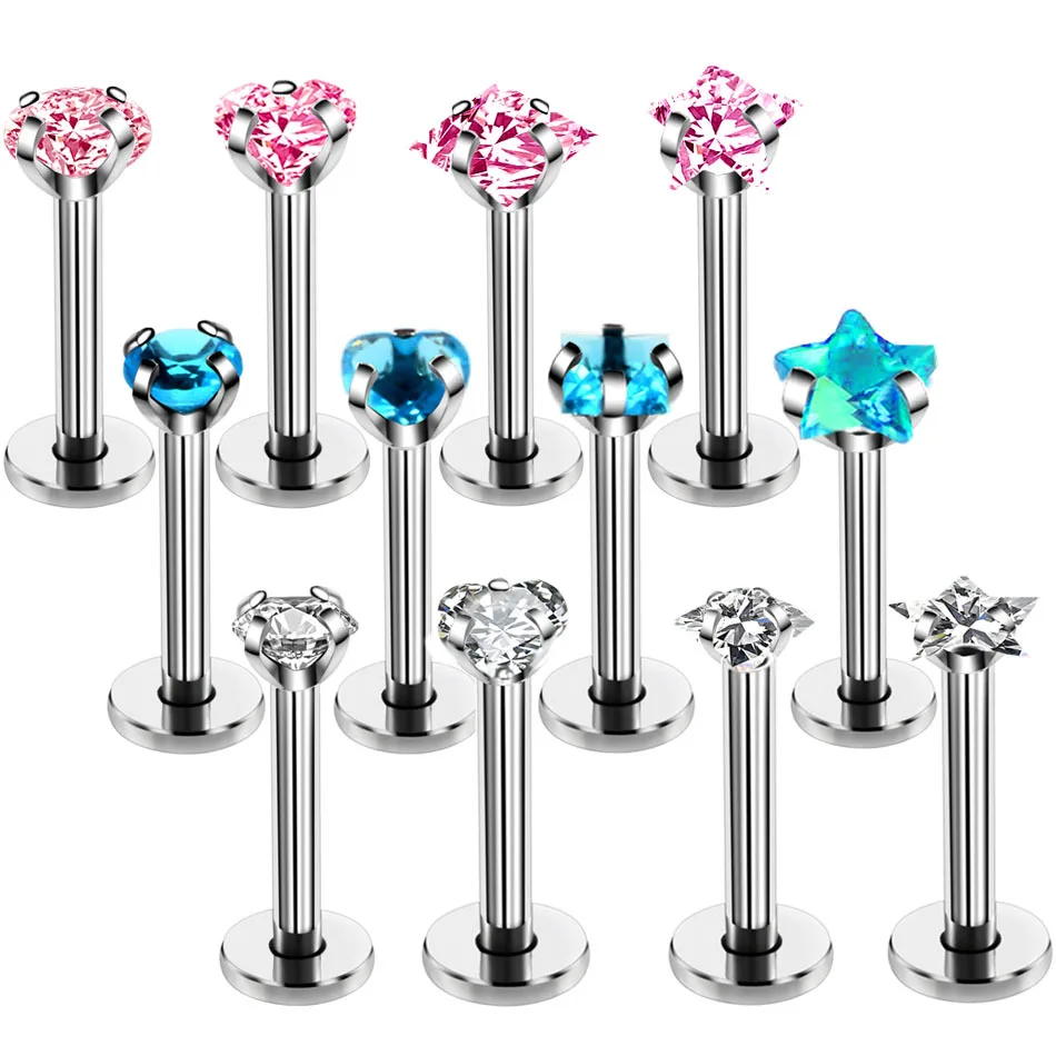 

1Pc Titanium Rose Gold Silver Labret Lip Ring Zircon Anodized Internally Threaded Prong Gem Monroe 16G Tragus Helix Ear Piercing