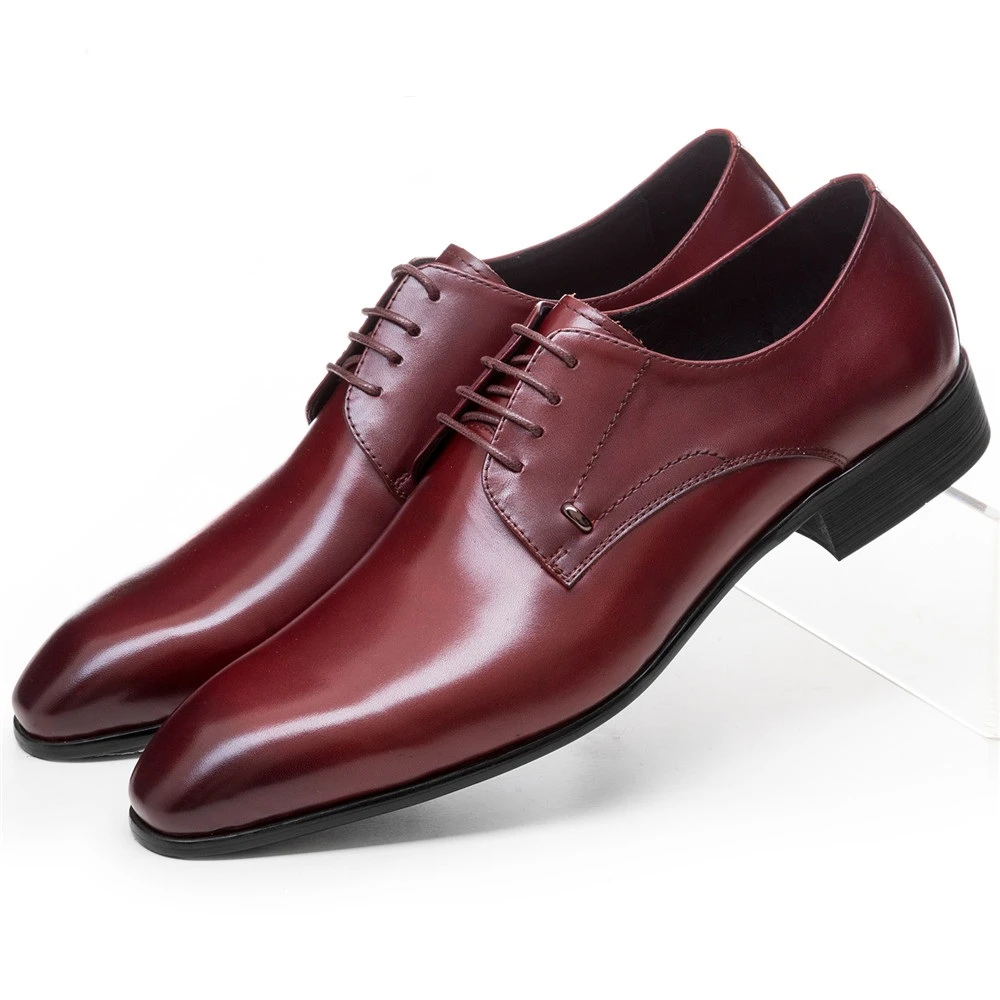 Zapatos de boda Derby para hombre, vestir de cuero genuino, Punta puntiaguda, color vino, rojo/negro|wine red|shoes fashion menshoes - AliExpress