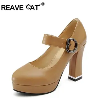 

REAVE CAT Women Platform pumps mary jane thick High Heels Round Toe Buckle Strap Sweet Wedding party Shoes talon femme Size 43