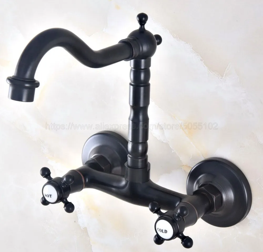 

Oil Rubbed Bronze Dual Handles Bathroom Kitchen Sink Faucets Wall Mounted Swivel Spout Two Holes Kitchen Mixer Taps znf459