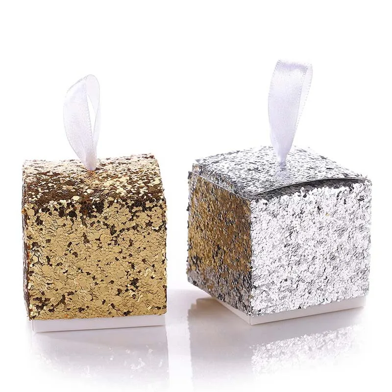 

Wedding Favor Box Gold Square Packaging Sugar Box Glitter Silver Purple Wedding Candy Box 50pcs Party Candy Boxes and Gift Bags