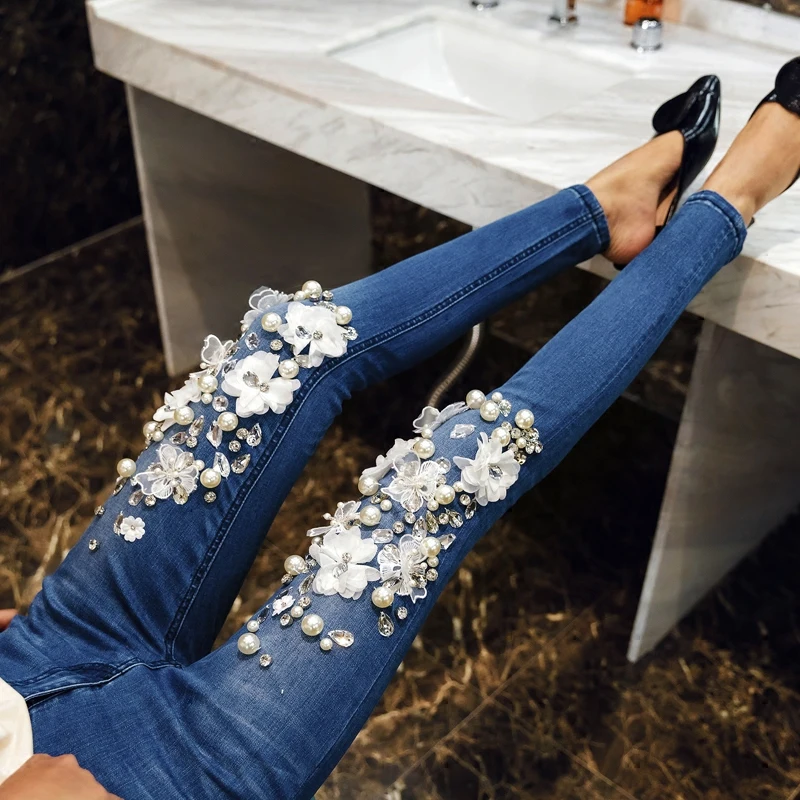 Los Mujer Mujeres Moda Con Rebordear La 2018 Pantalones De Blanco Stretch Nuevas Flor Casuales Denim 8IqUT4Tx