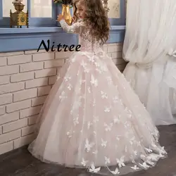 2017 розовая бабочка платья для девочек на свадьбу свадеб одежда с длинным рукавом платье с жемчужинами детское бальное платье первого