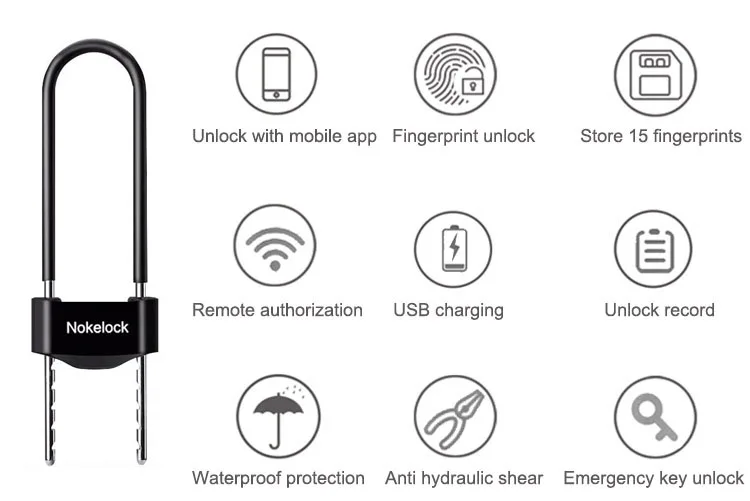 Nokelock Fingerprint U shape Lock Smart Bluetooth App Control Glass Door lock for Store Company Double Door Anti-theft locks (140)