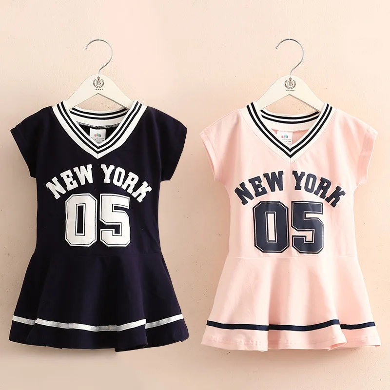 

Baby letter dress 2019 summer new girls children's clothing children's V-neck sports dress qz-4675