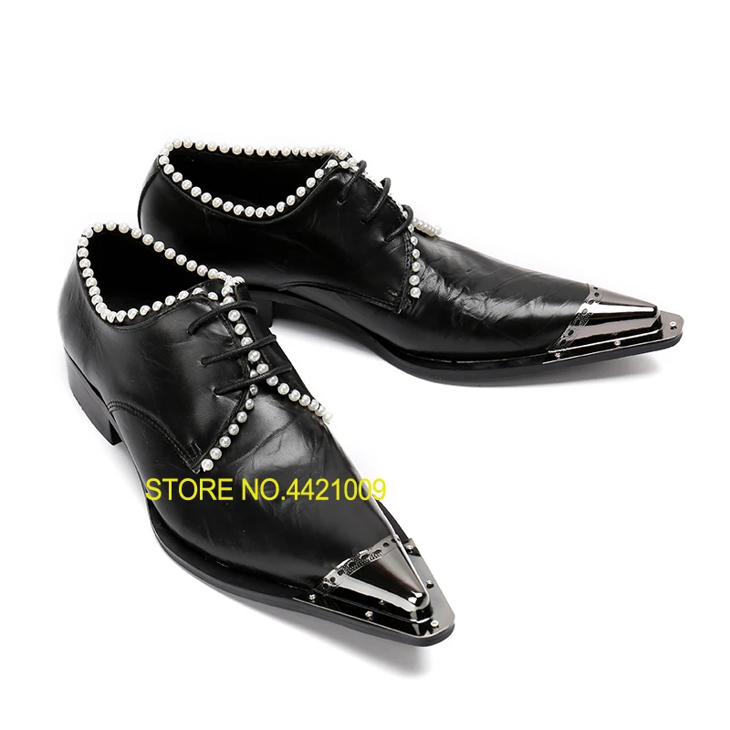 

Men's Oxfords Plus Size 47 Fashion Luxury Pearl Designer Men Shoes Black Lace Up Wedding Party Shoes with Metal Tip