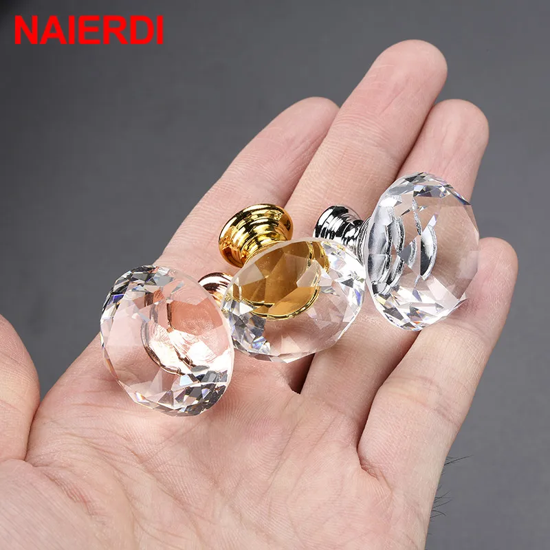 NAIERDI 40mm Diamond Shape Design Crystal Glass Knobs Cupboard Pulls Drawer Knobs Kitchen Cabinet Handles Furniture Handle