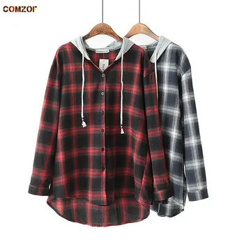 

New arrival women plus size shirt plaid long sleeve hooded womens tops and blouses 2019 autumn womens clothing 4XL shirts