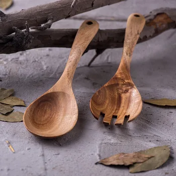 

Natural Wooden Kitchen Cooking Spoons Large Salad Server Wood Fork Spoon Cutlery Set Wooden Utensils Tableware