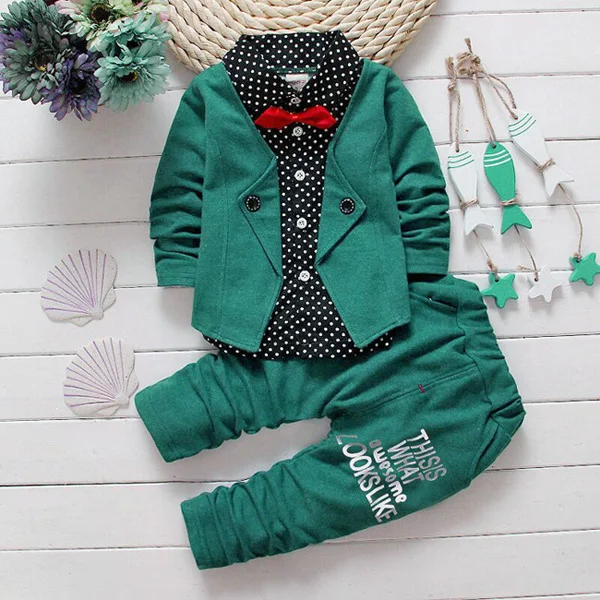 DIIMUU/2 предмета, одежда для маленьких мальчиков детская одежда для мальчиков Детское пальто в горошек с фальш-вставкой и галстуком-бабочкой торжественные костюмы на свадьбу - Цвет: green