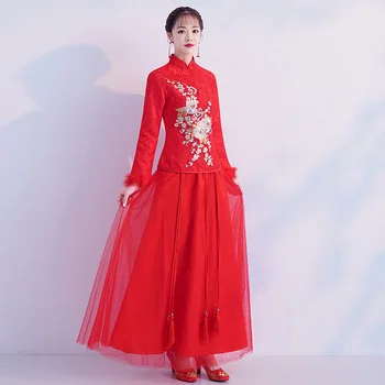 

Embroidery Flower Chinese Style Lady Qipao Long Bride Wedding Party Dress Gown Oversize 3XL Vestidso Mandarin Collar Cheongsam
