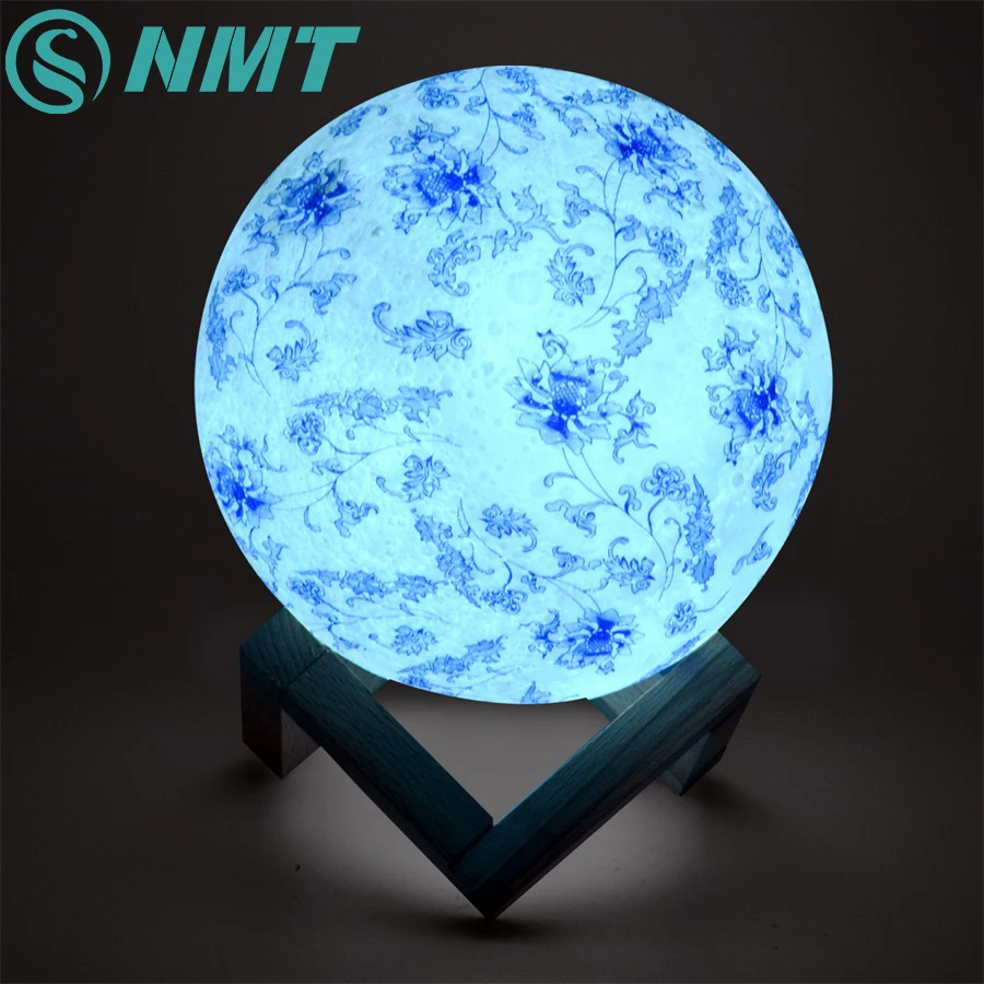 

15CM 3D Print Blue And White Porcelain Pattern Moon Light Rechargeable Touch Night Light USB Charging Bedroom Lamp For Christmas