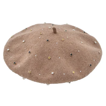

DOUBCHOW Women's Hand-stitched Colored Diamonds Wool French Style Artist Berets Hats Maiden Autumn Winter Baret Beanie Flat Hat