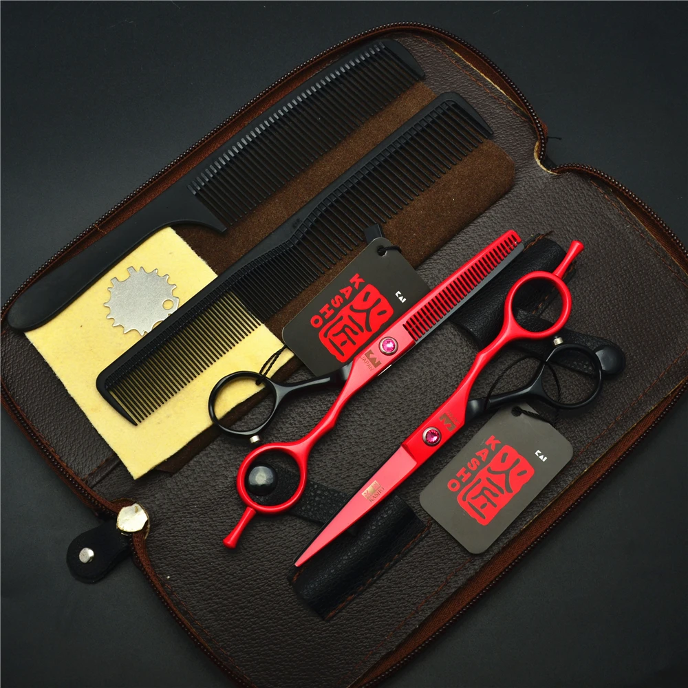 

4Pcs Suit 5.5 Inch 440C Kasho Red Professional Human Hair Scissors Hairdressing Combs + Cutting Shears + Thinning Scissors H1013