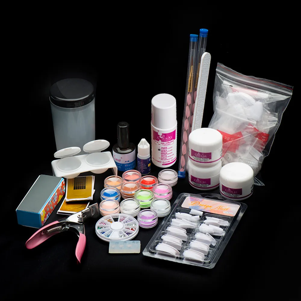 

New 19 In 1 Acrylic Nail Art Tips Powder Liquid Brush Glitter Clipper Primer File Set Kit Nails powder liquid glitter Buffer #1