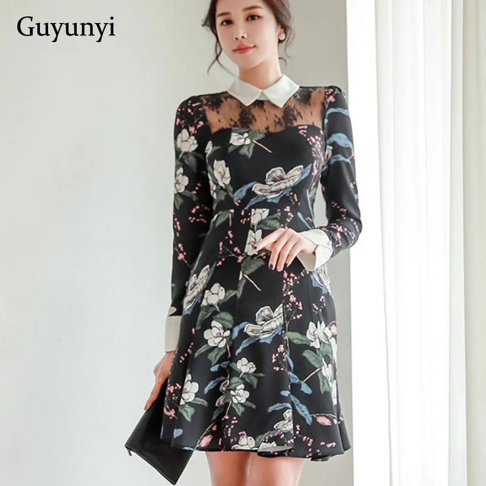 

Floral Elegant Office Dress 2019 Spring Full Sleeve White Turn-down Collar Lace Splice A-Line Above Knee Youth Dress Women