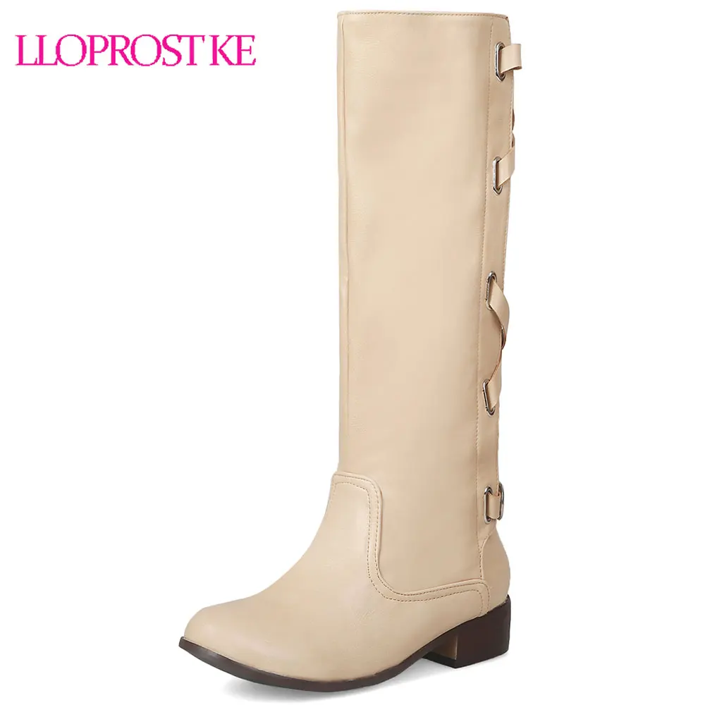 

Lloprost ke Winter Occident Cross Strap Buckle Gladiator Mid Calf Knight Boots Chunky Heel Ladies Riding Boots Shoes Brown D605