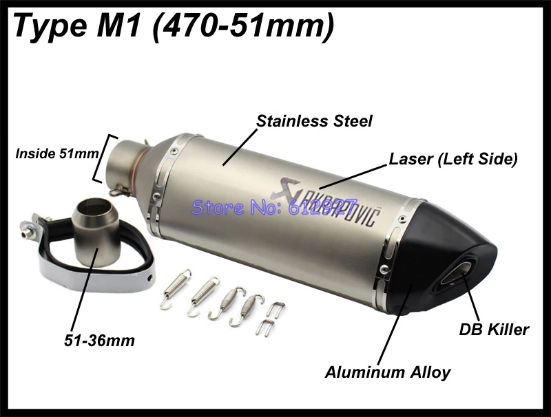 MM 370/470/570mm entrada 51mm 61mm lado izquierdo láser Akrapovic motocicleta Escape silenciador de Escape con DB Killer